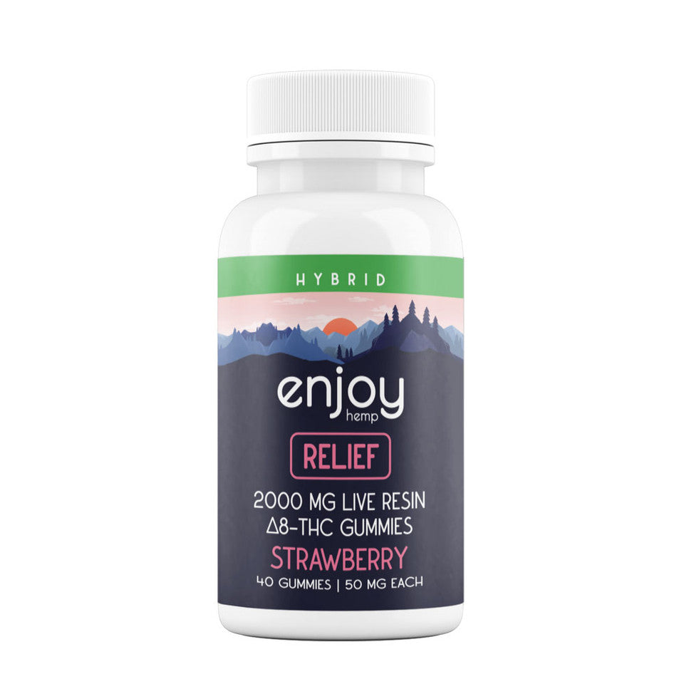 Enjoy Live Resin Relief Delta 8 THC Gummies (Hybrid-Infused Strawberry) - 2000 mg Total (50 mg Each | 40 Gummies)