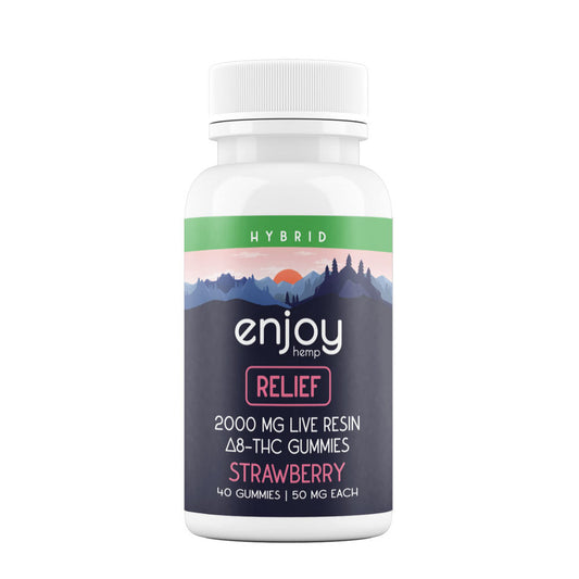 Enjoy Live Resin Relief Delta 8 THC Gummies (Hybrid-Infused Strawberry) - 2000 mg Total (50 mg Each | 40 Gummies)