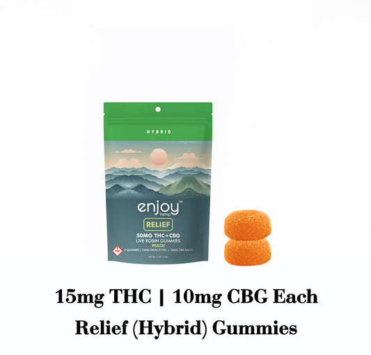 Enjoy Live Rosin Relief 50 mg Delta 9 THC + CBG (Hybrid-Infused Peach Gummies) 25mg each | 2 gummies