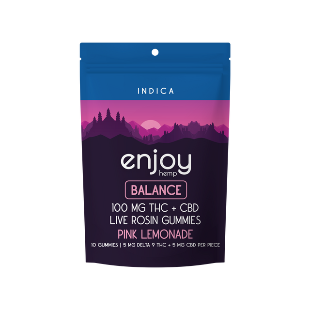 Enjoy Live Rosin Microdose THC:CBD 1:1 100mg Gummies for Balance (Indica-Infused Pink Lemonade) - 10 mg each (5 mg Delta 9 THC + 5 mg of CBD) | 10 gummies