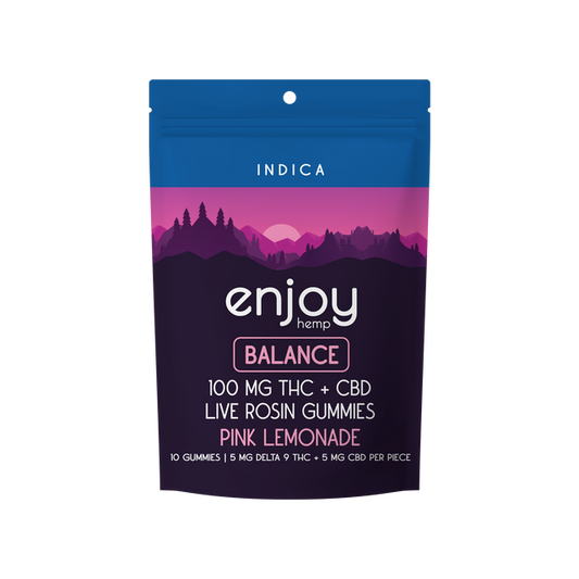Enjoy Live Rosin Microdose THC:CBD 1:1 100mg Gummies for Balance (Indica-Infused Pink Lemonade) - 10 mg each (5 mg Delta 9 THC + 5 mg of CBD) | 10 gummies